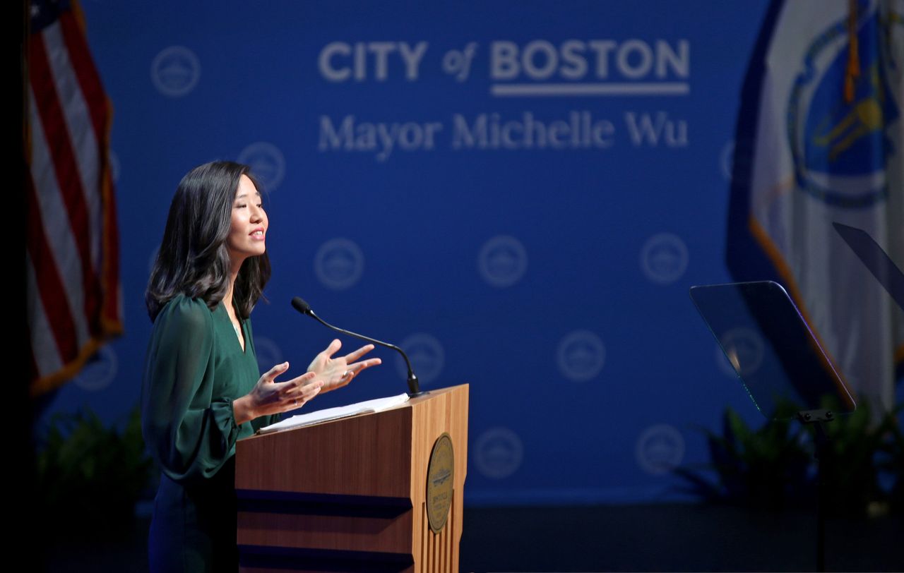 Boston Mayor Michelle Wu delivers her first State of the City address in January. She has plowed more city money into pre-K and said she wants to make Boston the "most family-friendly city in the country."