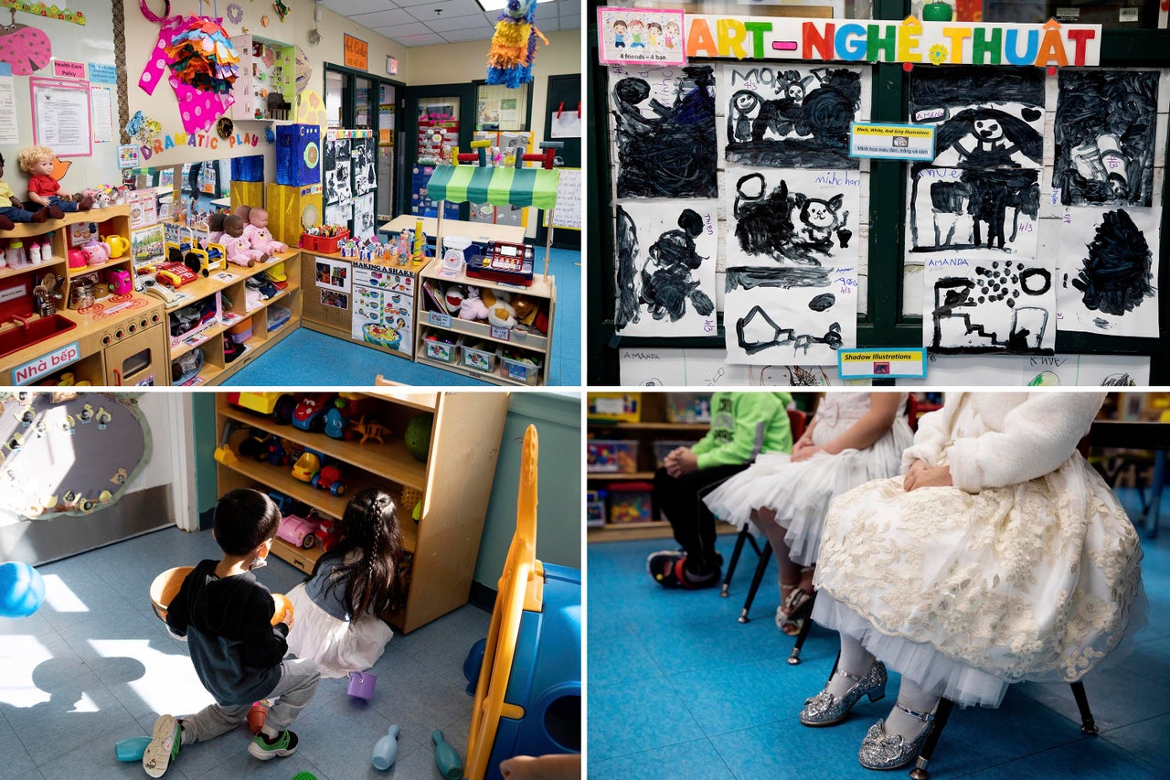 Top left: A view of a classroom in the Âu Cơ Preschool. Top right: Children's artwork on display. Bottom left: "Learning through play" at the preschool. Bottom right: Children sitting in chairs at the Âu Cơ Preschool.