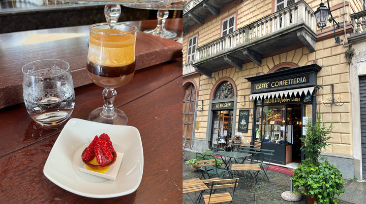 From left to right: A bicerin and a fruit tart at Farmacia del Cambio, and the exterior of the historic Caffè Al Bicerin.