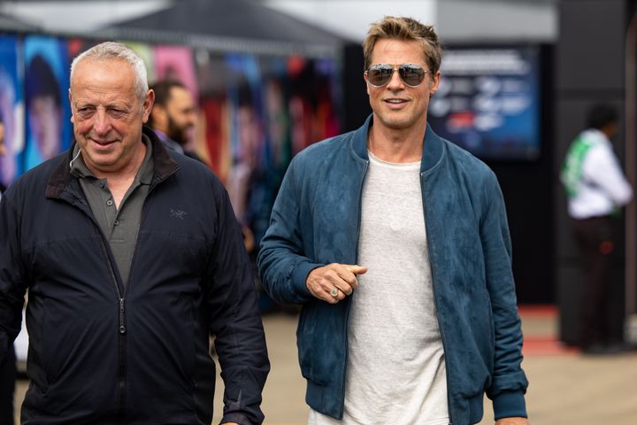 Brad Pitt leaves the paddock during previews ahead of the F1 Grand Prix of Great Britain at Silverstone Circuit on July 6.