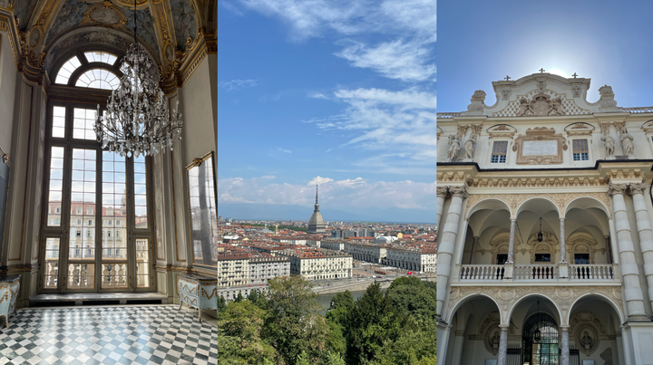 From left to right: Palazzo Madama Torino, seen from the Chiesa di Santa Maria del Monte dei Cappuccini and the Castello del Valentino.