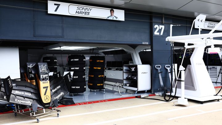 A view from outside the garage of Sonny Hayes, fictional driver to be portrayed by Brad Pitt in the upcoming Formula One based movie, Apex, during previews ahead of the F1 Grand Prix of Great Britain at Silverstone Circuit on July 6.