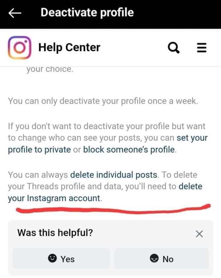 If you change your mind and want to delete your Threads profile, you'll have to delete your entire Instagram account, too.