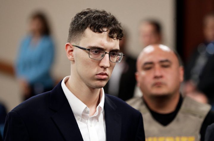 FILE - In this Oct., 10, 2019, file photo, El Paso Walmart mass shooter Patrick Crusius is arraigned in the 409th state District Court in El Paso, Texas, with Judge Sam Medrano presiding.
