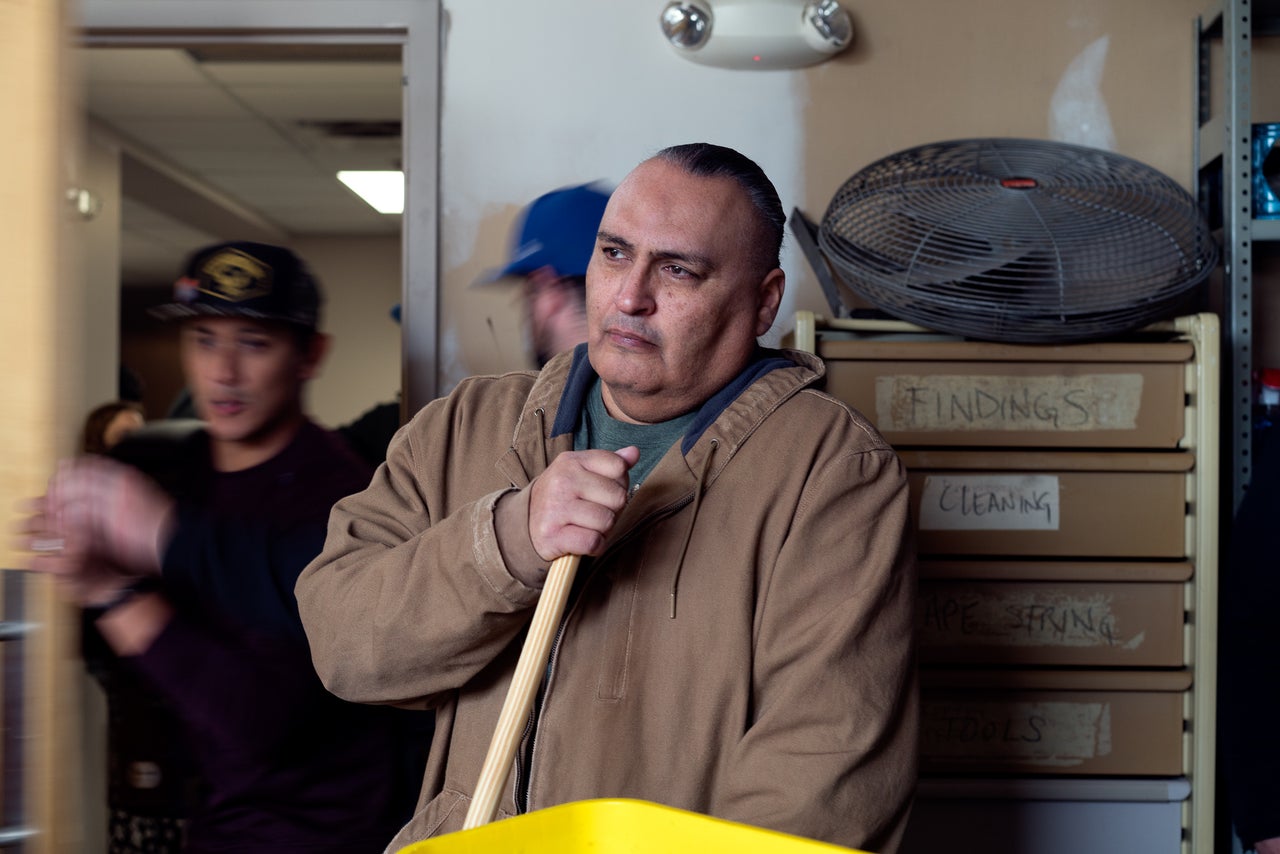 Actor Jon Proudstar, who plays Leon, waiting for a scene to begin shooting.