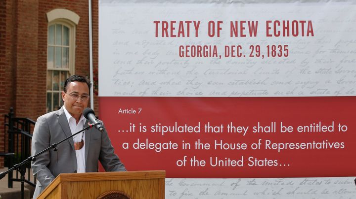 Cherokee Nation Principal Chief Chuck Hoskin Jr. at the announcement in August 2019 that the tribe planned to ask Congress to seat a non-voting Cherokee delegate, as called for in a 19th century treaty.