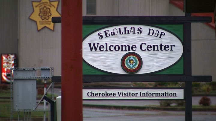 The welcome sign near the entrance of the Cherokee Visitor Information center in Cherokee, N.C., in a file photo from 2015. The Eastern Band of Cherokee Indians is one of three bands created by the removal of much of the tribe to Oklahoma during the Trail of Tears.