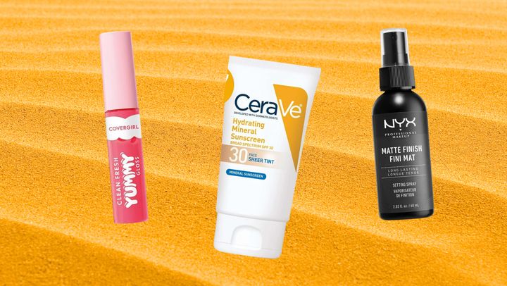Covergirl Yummy lip gloss, CeraVe hydrating mineral sunscreen and NYX setting spray