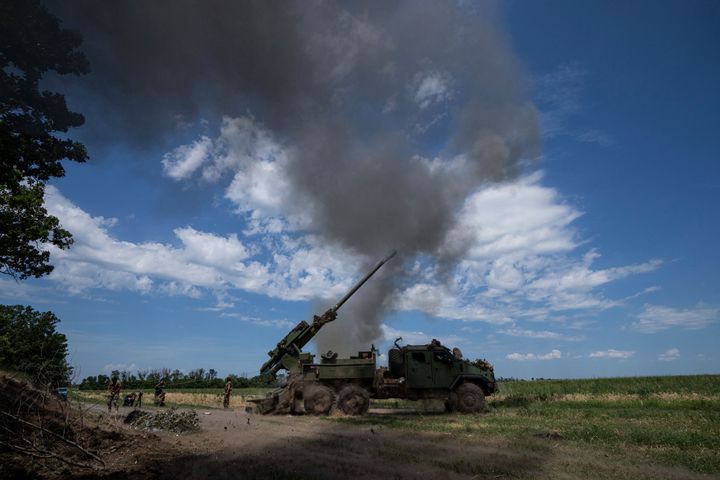 A Ukrainian self-propelled howitzer "Bohdana" fires towards Russian positions near Bakhmut, Ukraine, Friday, July 7, 2023. (AP Photo/Evgeniy Maloletka)