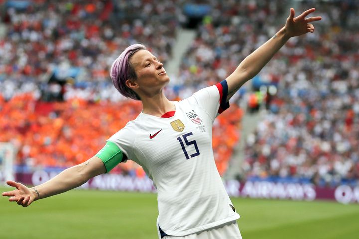 FILE - In this July 7, 2019 file photo, United States' Megan Rapinoe celebrates after scoring the opening goal from the penalty spot during the Women's World Cup final soccer match against The Netherlands at the Stade de Lyon in Decines, outside Lyon, France. (AP Photo/Francisco Seco, File)