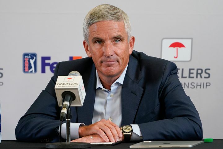FILE - PGA Tour Commissioner Jay Monahan speaks during a news conference before the Travelers Championship golf tournament at TPC River Highlands, June 22, 2022, in Cromwell, Conn. Monahan is returning to work just over a month after he stepped away for a “medical situation” during a tumultuous time of working out a surprise commercial agreement with the Saudi backers of LIV Golf. (AP Photo/Seth Wenig, File)