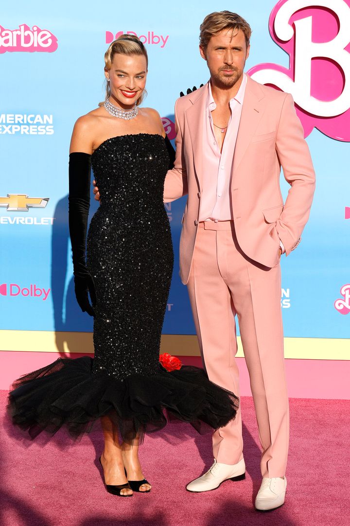 Margot Robbie and Ryan Gosling on the pink carpet