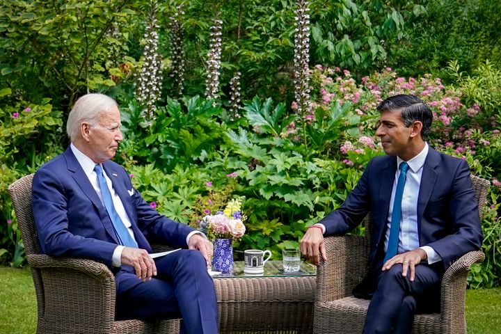 President Joe Biden, left, meets Britain's Prime Minister Rishi Sunak at 10 Downing Street in London, on July 10, 2023.
