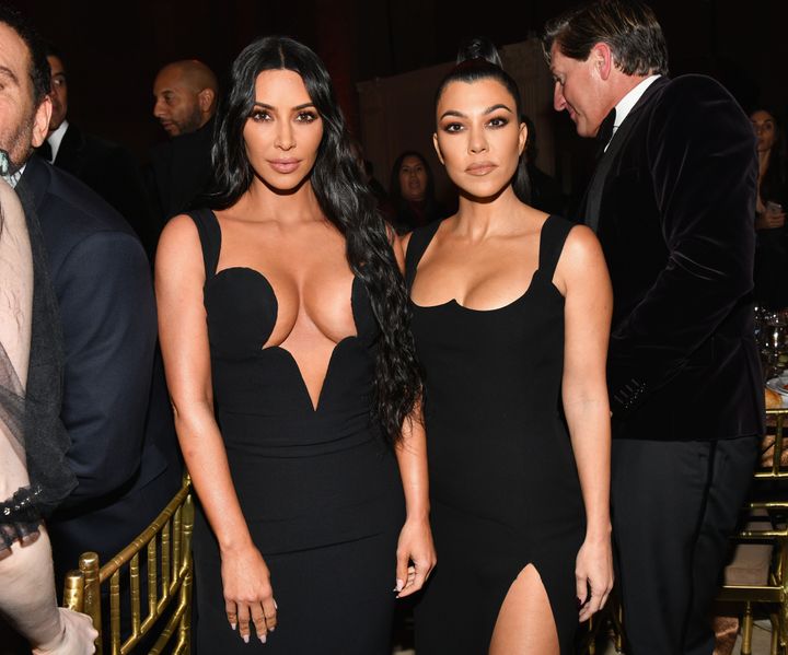 Kim and Kourtney Kardashian attend the amfAR New York Gala 2019 at Cipriani Wall Street on Feb. 6, 2019, in New York City.