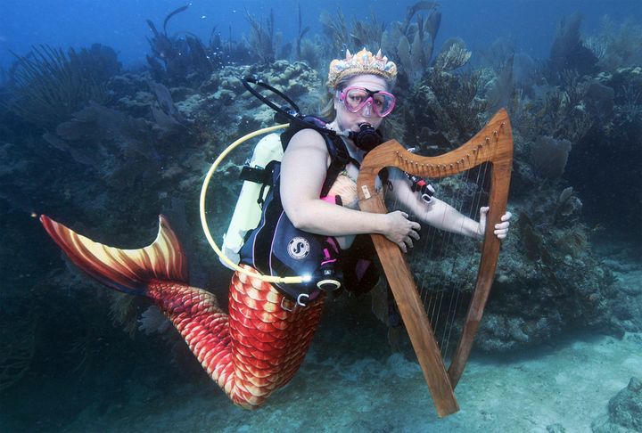 In this photo provided by the Florida Keys News Bureau, mermaid Donna Whitney pretends to play a harp Saturday, July 8, 2023, at the Lower Keys Underwater Music Festival in the Florida Keys National Marine Sanctuary near Big Pine Key, Fla. Several hundred divers and snorkelers submerged along a portion of the continental United States' only living coral barrier reef to listen to a local radio station's four-hour broadcast, piped beneath the sea to promote coral reef preservation. (Frazier Nivens/Florida Keys News Bureau via AP)