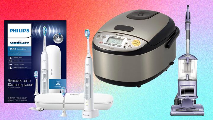 A Philips Sonicare electric toothbrush, a rice cooker by Zojirushi and the Shark Navigator lift-away vacuum.