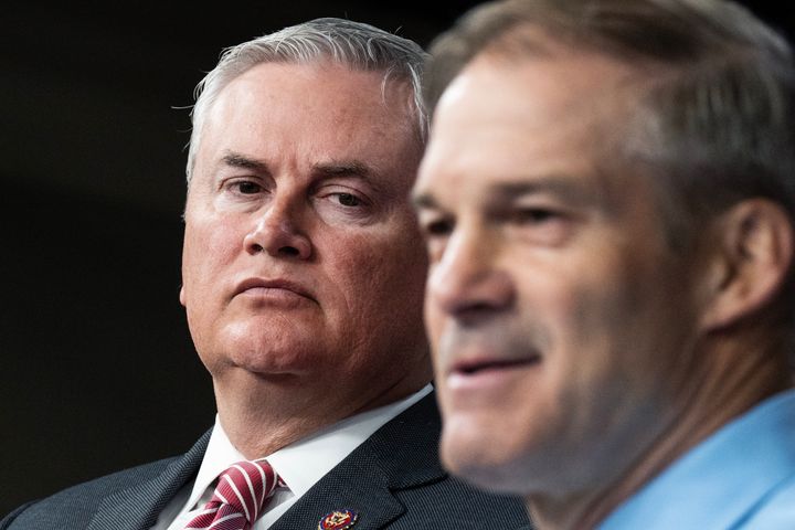 Reps. James Comer (R-Ky.) left, chair of the House Oversight and Accountability Committee, and Jim Jordan (R-Ohio), chair of the House Judiciary Committee, conduct a news conference May 10 at the U.S. Capitol on the investigation into claims of the Biden family's "influence peddling to enrich themselves."
