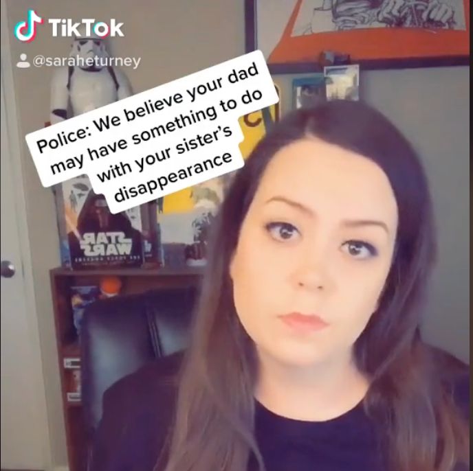 Sarah Turney in a TikTok urging authorities to charge her father in her sister's disappearance.