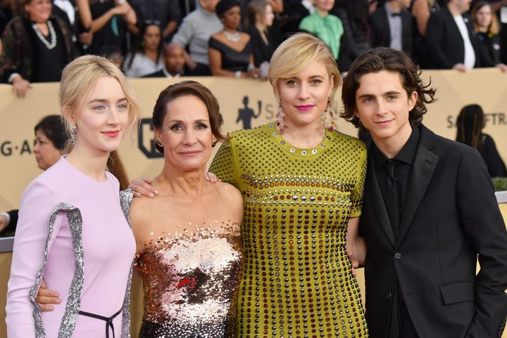 Saoirse Ronan, Laurie Metcalf, Greta Gerwig, and Timothee Chalamet at the SAG Awards in 2018