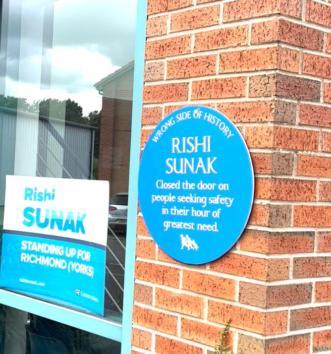 The plaque was put on the wall of Sunak's constituency office in Richmond.