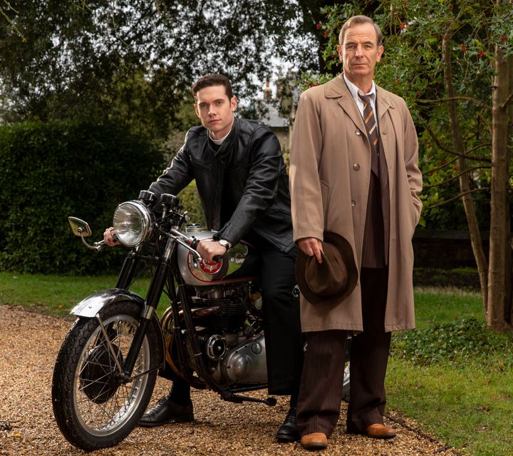 Tom Brittney and Robson Green in character on the set of Grantchester