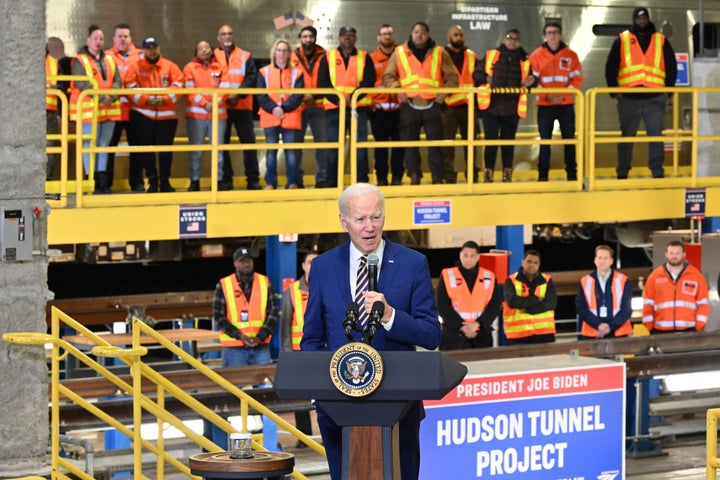 President Joe Biden speaks about how the Bipartisan Infrastructure Law will provide funding for the Hudson River Tunnel project at the West Side Rail Yard in New York City on Jan. 31, 2023.