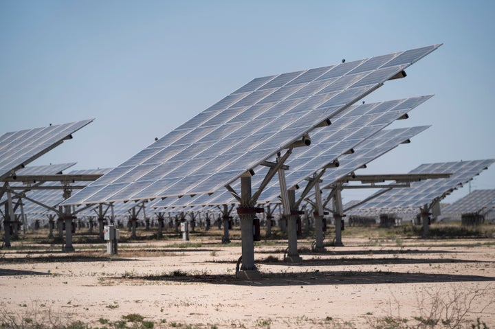 A solar farm produces electricity near Bakersfield, Texas.