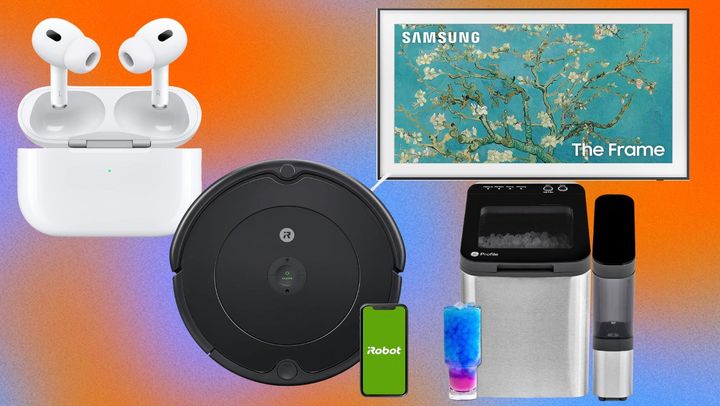 Apple AirPods Pro, iRobot 629 Roomba vacuum, Samsung's The Frame TV and a GE Profile countertop ice maker. 