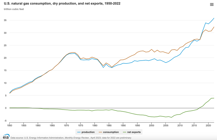 A chart from the U.S. Energy Information Administration shows U.S. domestic consumption and exports of natural gas reaching record highs last year.