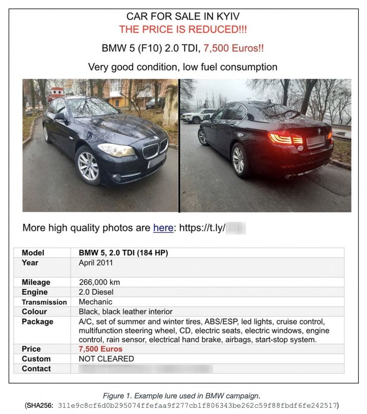 The fake used car advert created by hackers suspected of working for Russia's foreign intelligence agency.