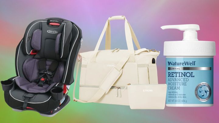 A Graco car seat, gorgeous duffel travel bag and Naturewell retinol moisture cream.