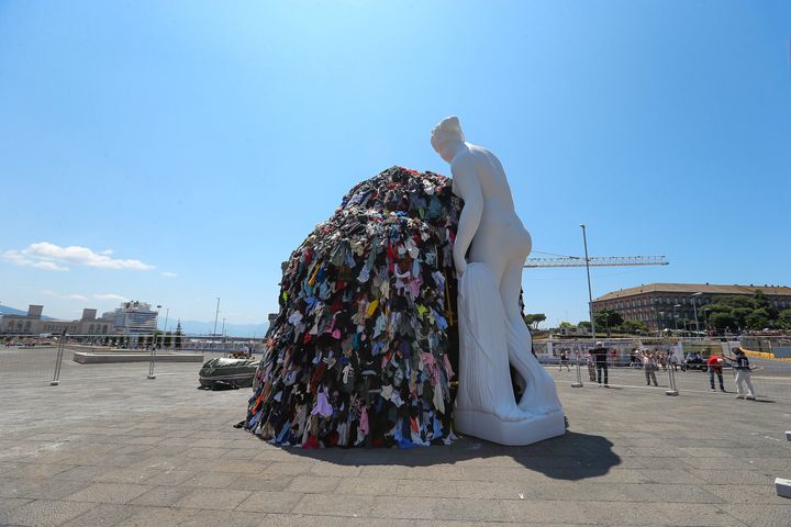 A view of the giant reproduction of Michelangelo Pistoletto's artwork Venus of the Rags, installed in Municipio square in Naples, on June 25.