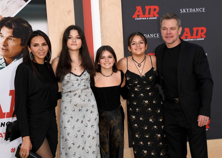 Luciana Barroso with Isabella, Stella, Gia and Matt Damon at the “Air” premiere in March.