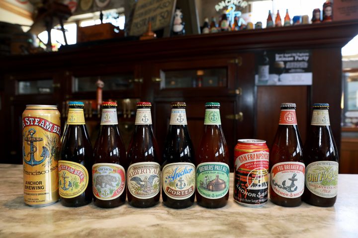 A variety of beers sit on a bar at Anchor Brewing Co. in 2019.
