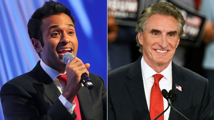 Vivek Ramaswamy (left) and Doug Burgum are self-funding their campaigns for the 2024 GOP presidential nomination.