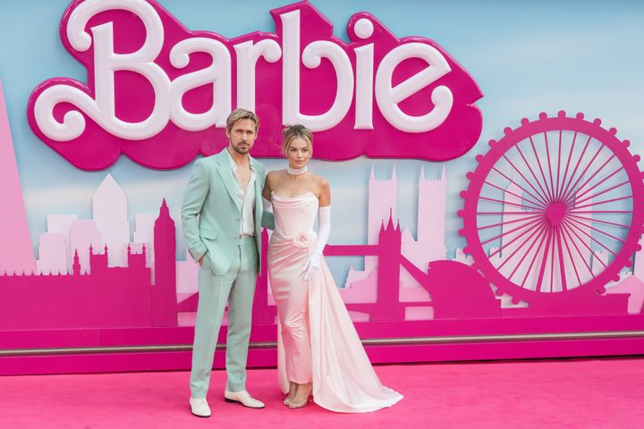 Margot Robbie (R) and Ryan Gosling attend the European premiere of 'Barbie' at the Cineworld Leicester Square in London