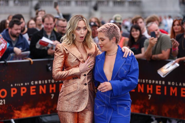 Emily Blunt and Florence Pugh attend a photocall for Oppenheimer at Trafalgar Square on July 12 in London.