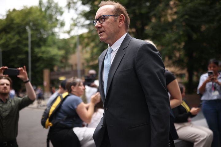 Kevin Spacey leaves after giving evidence at his sexual assault trial at Southwark Crown Court on Thursday in London.
