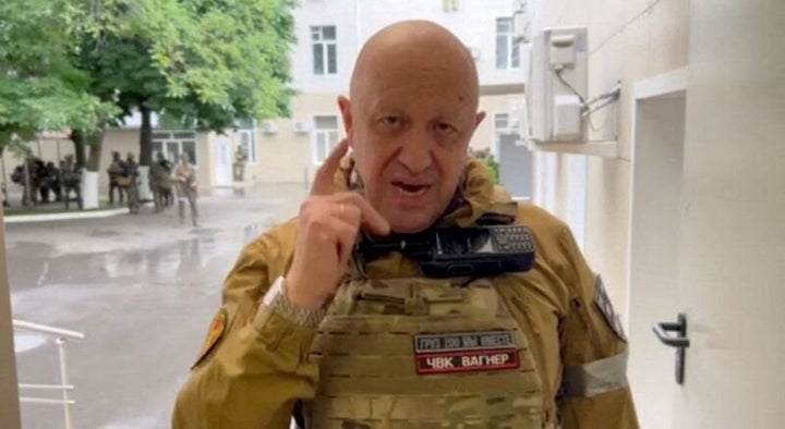 Wagner mercenary group leader Yevgeny Prigozhin speaks inside the headquarters of the Russian southern army military command center in the city of Rostov-on-Don, Russia, in this still image taken from a video released June 24, 2023.