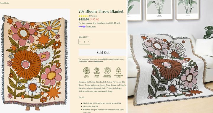 A reproduction of a blanket designed by Krista Perry (left) was sold on Shein's website (right) without Perry's authorization, the lawsuit alleges.