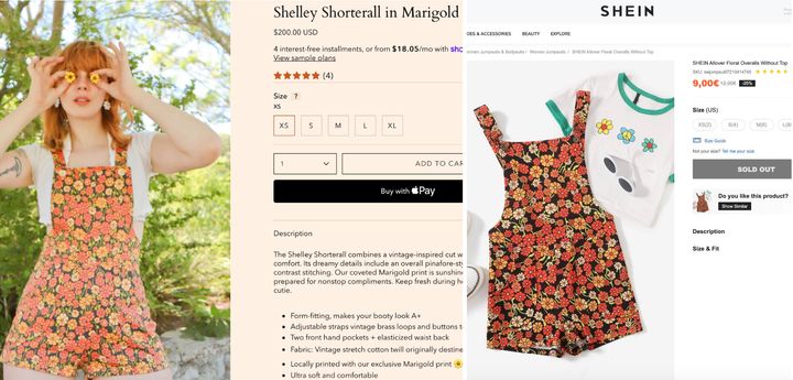 The design of this flower-printed outfit (left) created by Larissa Martinez, also known as Larissa Blintz, is alleged to have been stolen by Shein and sold on its website (right).