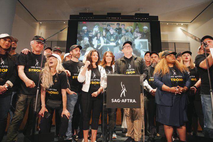 Fran Drescher, president of the SAG-AFTRA union, and SAG-AFTRA National executive director Duncan Crabtree-Ireland, were joined by SAG-AFTRA members in a press conference to announce that actors are going on strike on July 13, 2023 in Los Angeles, California.