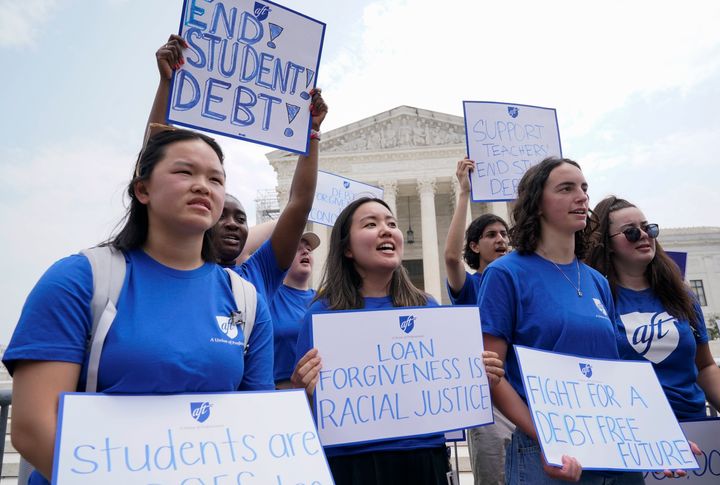 People demonstrate outside the Supreme Court in June against student loan debt.
