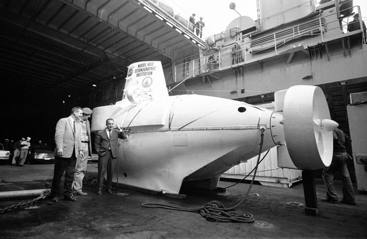 Alvin's crew in Boston on May 12, 1966, after the submersible recovered a lost hydrogen bomb off the coast of Spain. From left are pilot Marvin J. McCamis, crew chief George Broderson and pilot Valentine P. Wilson.