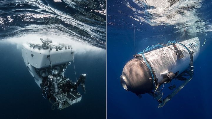 Alvin (left), a Navy-owned submersible, has completed more than 5,000 dives, including exploring the Titanic shipwreck in 1986. The Titan (right), a tourism sub, imploded during a dive to the Titanic on June 18, killing all five people on board.