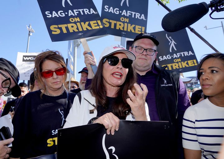 SAG-AFTRA President Fran Drescher speaks on Day 1 of the strike. On Thursday, Drescher gave a rousing speech against the trade group representing the studios, saying at one point: “They plead poverty, that they’re losing money left and right, while giving hundreds of millions of dollars to their CEOs. It is disgusting. Shame on them."