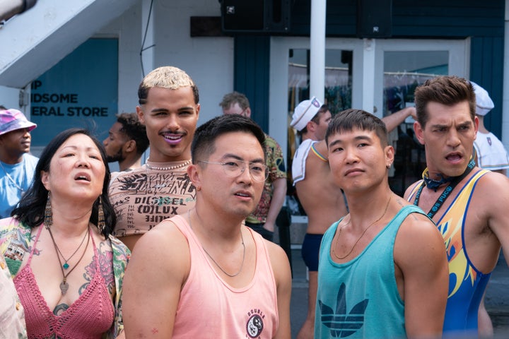 Actors Margaret Cho, Tomas Matos, Bowen Yang, Joel Kim Booster and Matt Rogers in Fire Island.