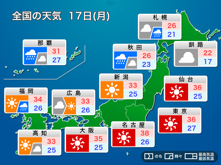 17日(月)・海の日の天気と気温