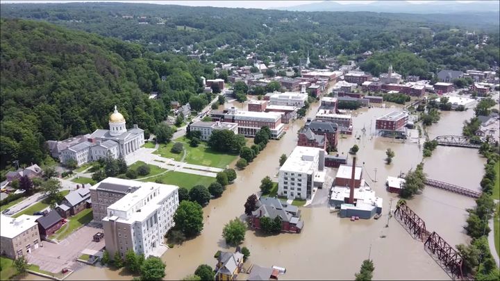 Drone footage provided by the Vermont Agency of Agriculture, Food and Markets shows flooding in Montpelier on July 11. 