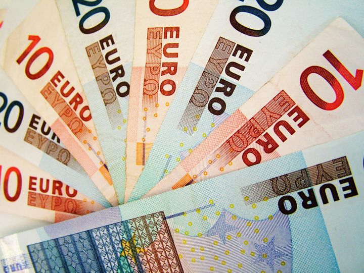 Close-up of fanned euro banknotes